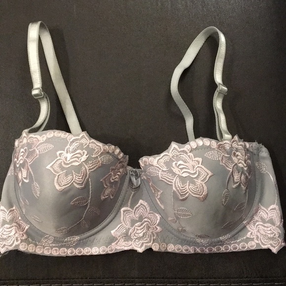 Other - Grey with Pink Embroidered Flowers Balconette Bra